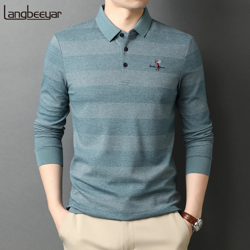 2025 High End New Fashion Brand Striped Designer Embroidery Casual Turn down Collar Long Sleeve Polo Shirts Men Tops Men Clothes