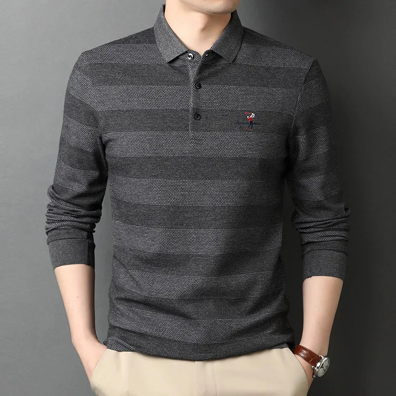 2025 High End New Fashion Brand Striped Designer Embroidery Casual Turn down Collar Long Sleeve Polo Shirts Men Tops Men Clothes