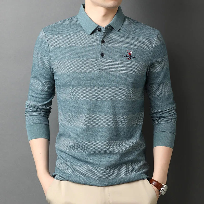2025 High End New Fashion Brand Striped Designer Embroidery Casual Turn down Collar Long Sleeve Polo Shirts Men Tops Men Clothes