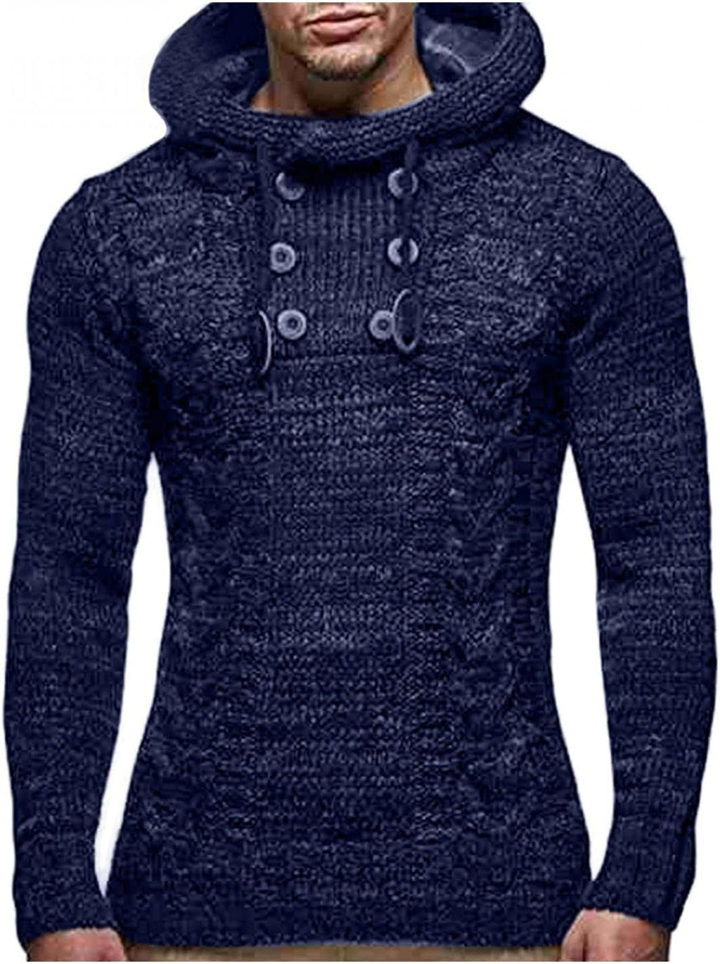 Mens Knitted Hoodies Pullover Casual Long Sleeve Turtleneck Hipster Gym Drawstring Sweaters Sweatshirt
