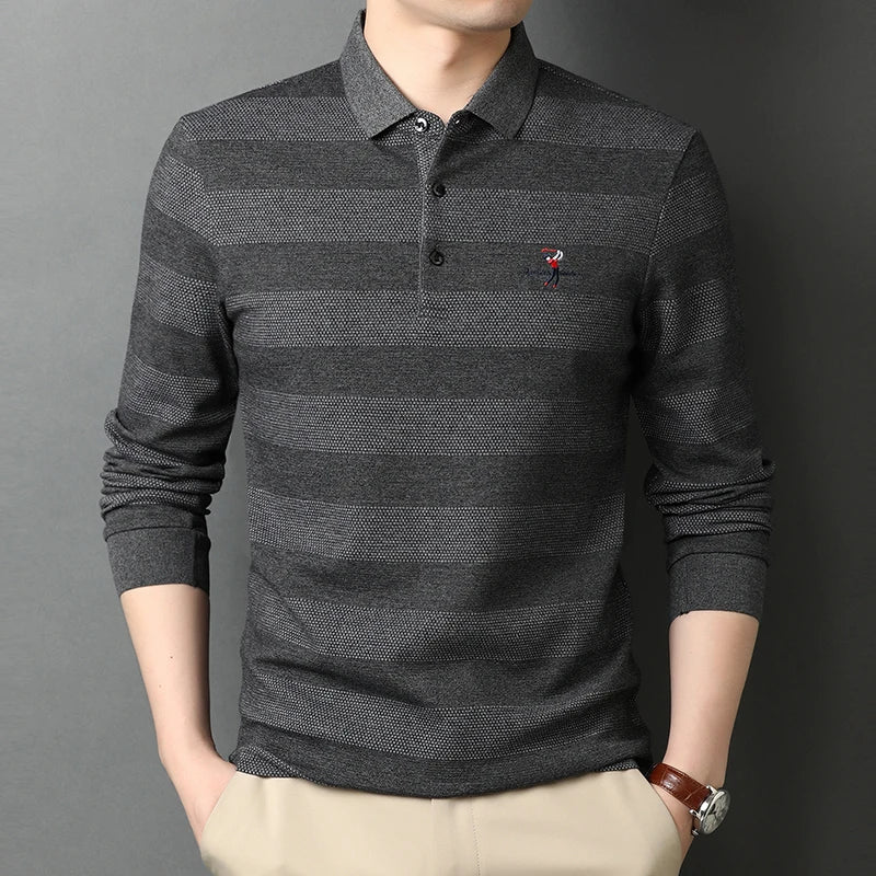 2025 High End New Fashion Brand Striped Designer Embroidery Casual Turn down Collar Long Sleeve Polo Shirts Men Tops Men Clothes