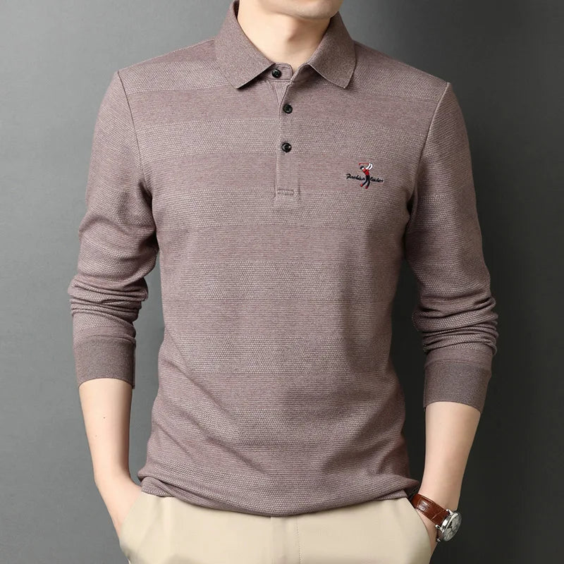 2025 High End New Fashion Brand Striped Designer Embroidery Casual Turn down Collar Long Sleeve Polo Shirts Men Tops Men Clothes