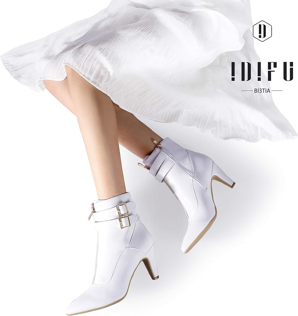 Women'S Pointed Toe Metal Buckle Two Strap Ankle Booties Side Zipper Kitten Heel Dress Classic Short Boots
