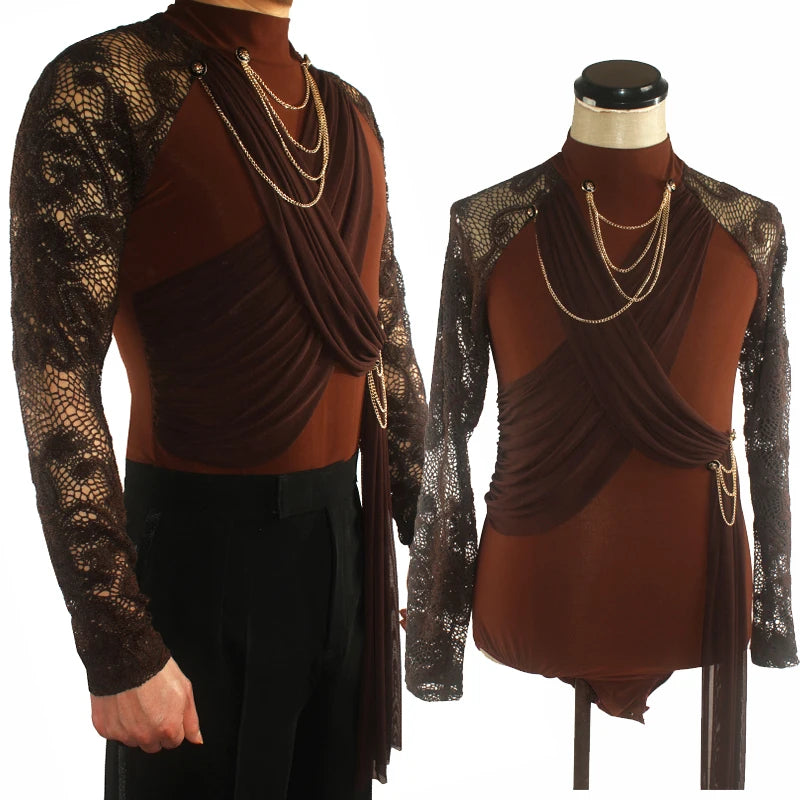 Latin Dance Shirts Men Lace Print Long Sleeve High Collar Male Competition Performance Dancing Top Cha Cha Rumba Samba DNV11331