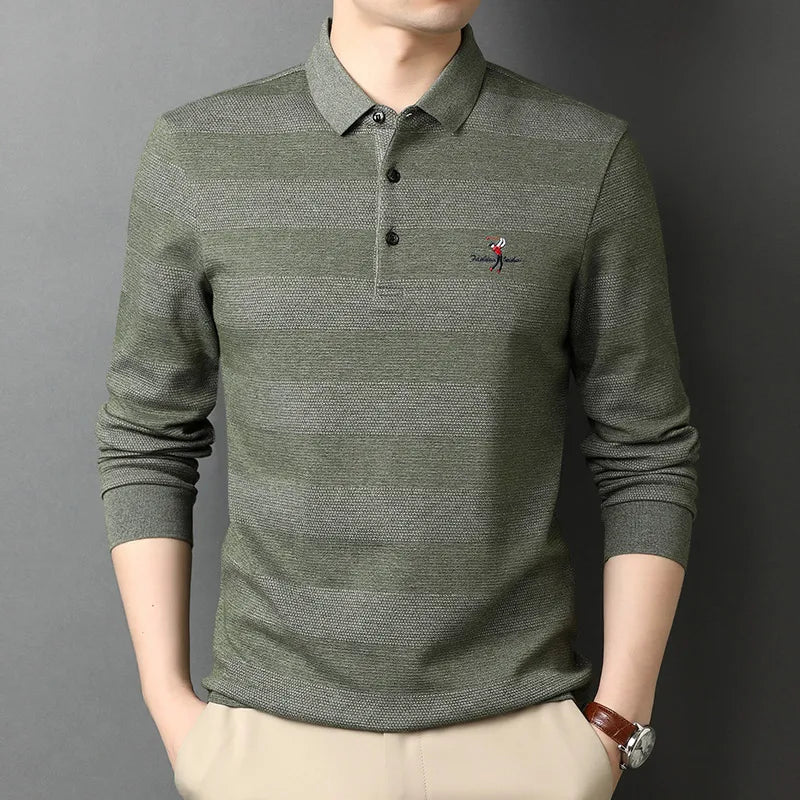 2025 High End New Fashion Brand Striped Designer Embroidery Casual Turn down Collar Long Sleeve Polo Shirts Men Tops Men Clothes