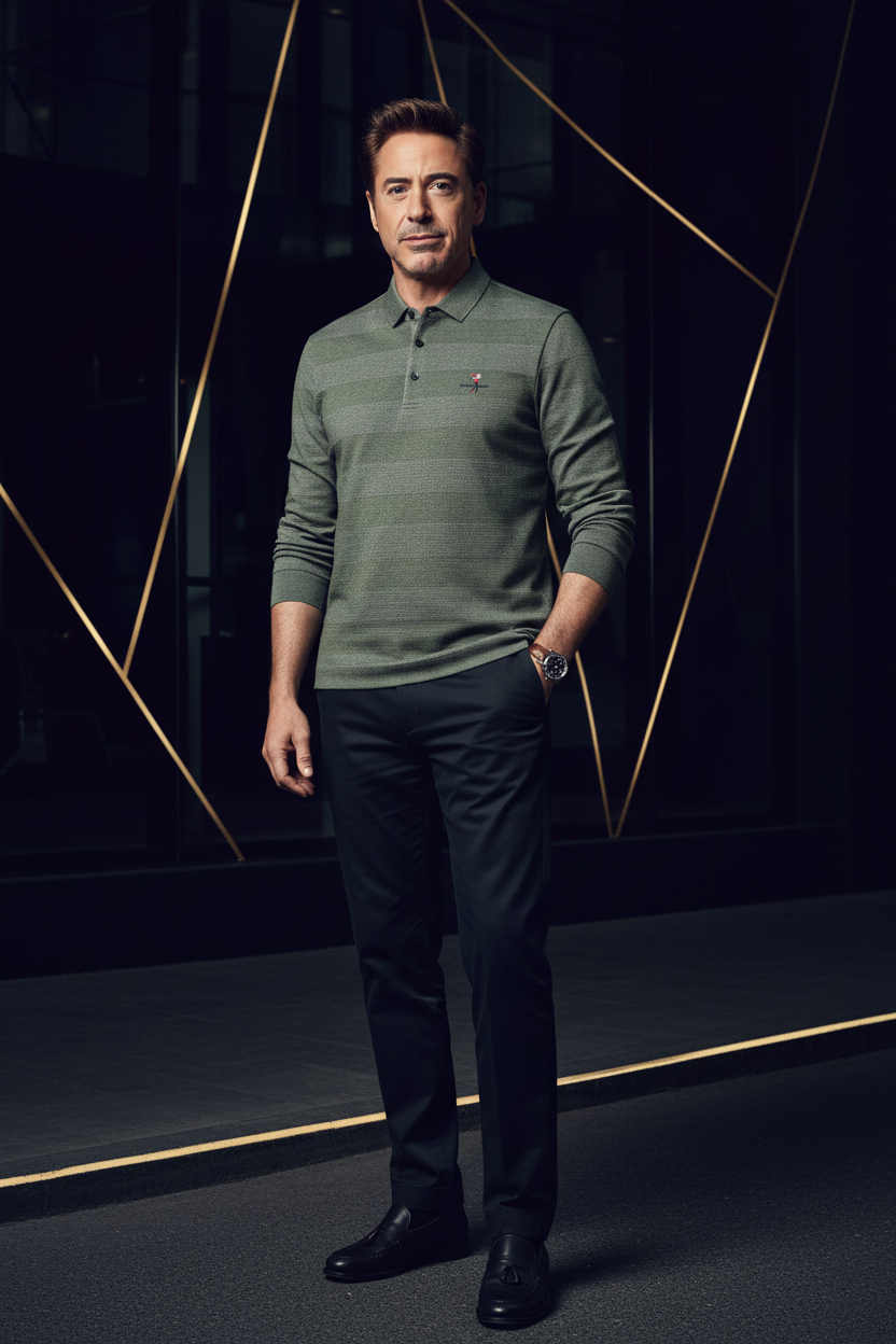 RDJ wearing striped polo shirt
